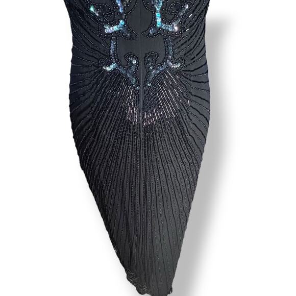 Vintage 80s Black Beaded Sequin Evening Gown Asymmetrical Hem Dress Column Maxi - Picture 9 of 10